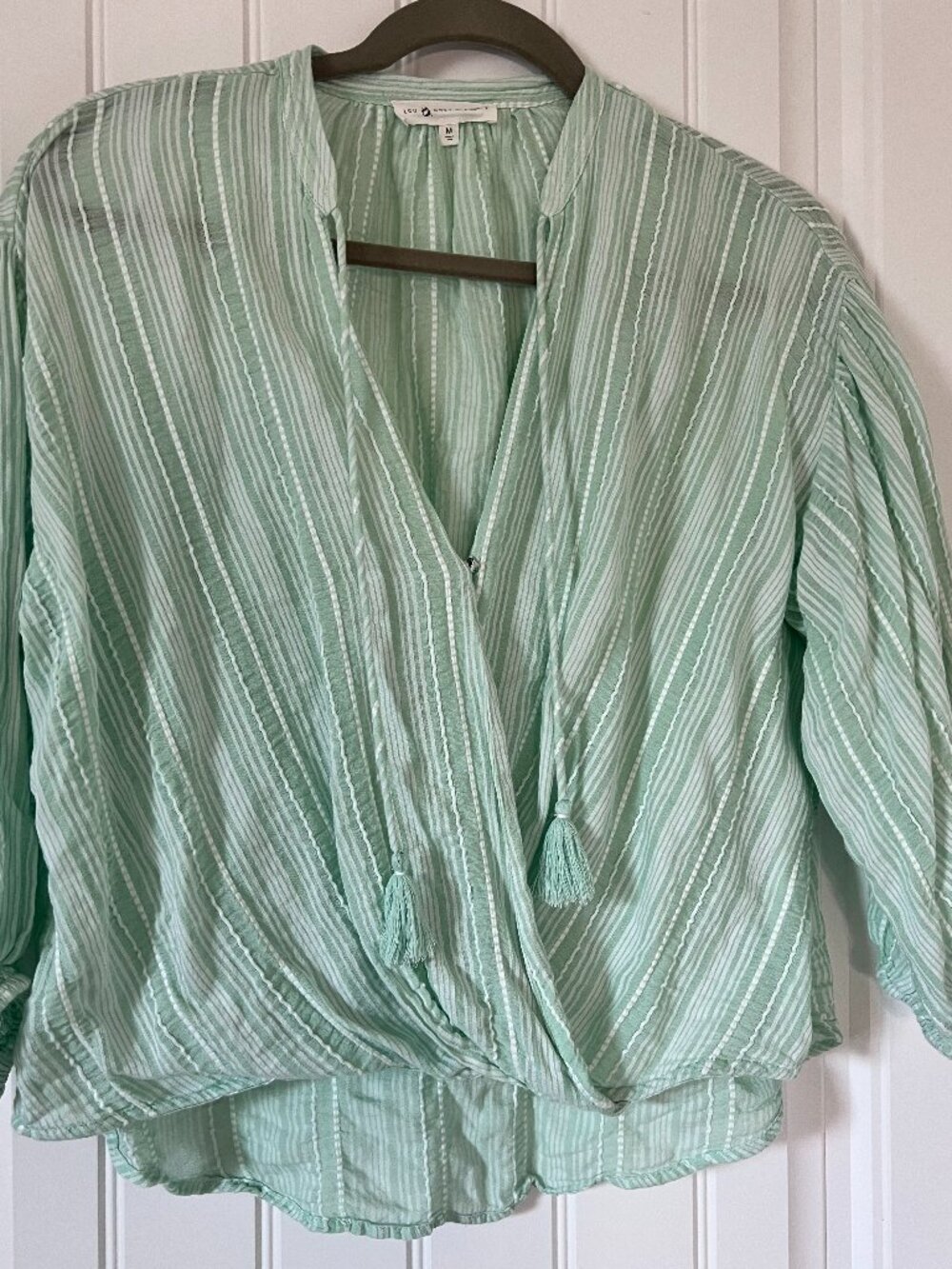 Lou & Grey LOFT Mint Green Striped Faux Wrap Tassel 3/4 Sleeve Blouse Mâ